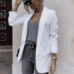 ZARA WHITE ROLLED-UP SLEEVES LAPEL COLLAR BLAZER